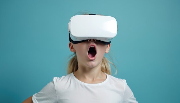 Teen girl in VR headset looks astonished. Amazed child uses virtual reality glasses on blue background. Kid experiences new tech, reacts with shock, open mouth in studio. Innovation, digital, gaming.