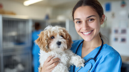 Portrait of a woman veterinarian in scrubs, gently holding a dog in a veterinary clinic