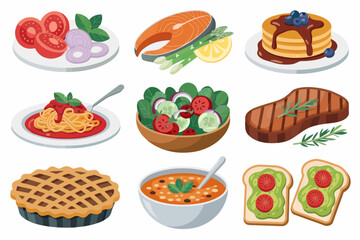 Variety of Delicious Food Illustrations Representing Healthy Eating and Gourmet Cuisine Options Including Salmon Steak Pancakes Salad Soup and More