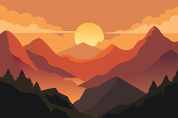 Illustration of mountains at sunset time on transparent background