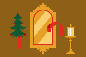 Christmas tree mirror and candle display on transparent background