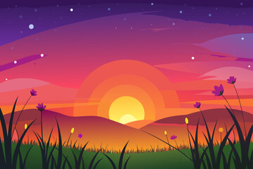 Sunset over the hills with flowers field on transparent background