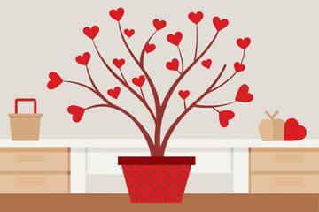 Heart tree in pot on counter with objects on transparent background
