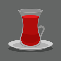 A glass cup of red liquid on a white saucer on transparent background