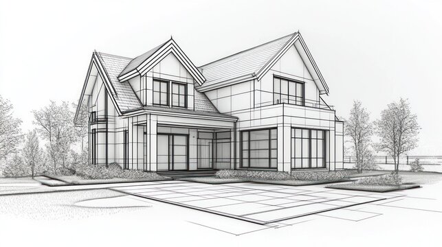 Home sketch with lines and open spaces, surrounded by trees, for house plans and architectural design