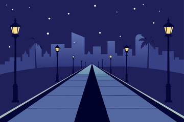 City skyline at night with street lights on transparent background