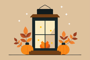 Lantern with pumpkins and autumn leaves on transparent background