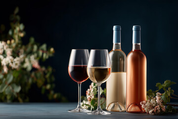 Wine bottles and glasses still life arrangement against backdrop