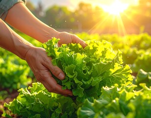 Hands Harvesting Fresh Green Lettuce in Field.