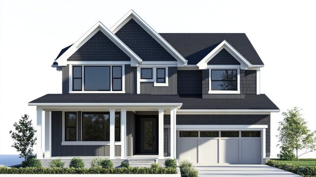 Gray two-story house with white trim on lawn, for architecture, real estate and housing, isolated