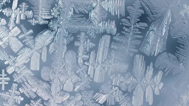 Intricate ice crystals form a delicate pattern on a frosty surface, showcasing winter's beauty