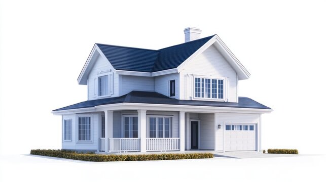 Isolated white two-story home with blue roof and garage, on plain background, for real estate