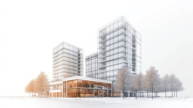 Wireframe buildings, trees, white background. Use for real estate, architecture, city plans