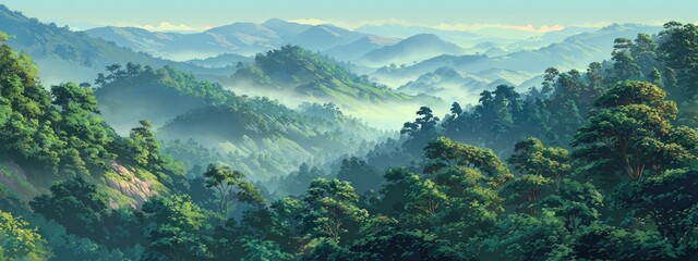 Lush, misty mountain range with dense forests