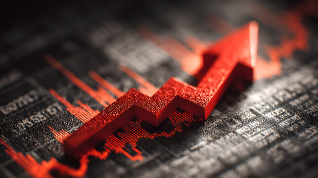 A close-up view of a red arrow pointing towards a graph or chart displaying financial data and statistics on a business report or analytical document.