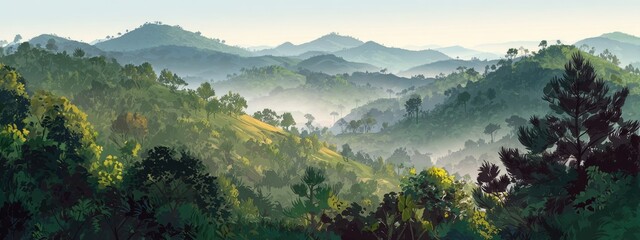 Misty mountain range, lush green forests
