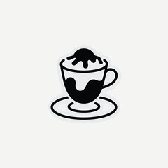 Simple black and white line art illustration of a coffee drink with whipped cream and chocolate sauce