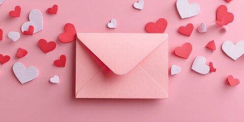 Pink envelope surrounded by falling paper hearts on a pastel pink background