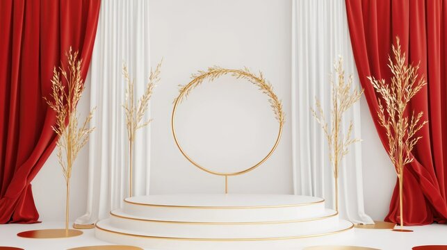 Round gold podium with red curtains backdrop for product showcase or presentation