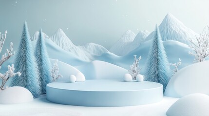 Winter wonderland scene, snowy mountains, icy trees, product display platform, holiday background