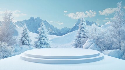 Winter wonderland snowy mountain stage, product display, advertising