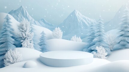 Snowy winter scene with a platform, great for showcasing products in a festive vibe
