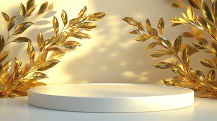 Empty round white platform with golden leaves against beige background, for product display