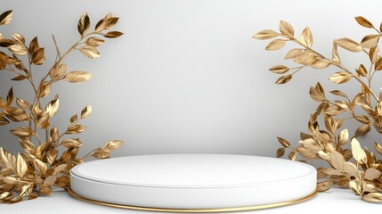 White podium with golden leaves on a white background for product placement