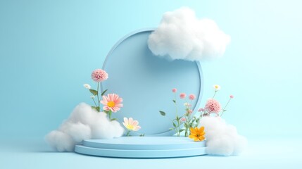 Floral display on platform with cloud on light blue backdrop for product showcase