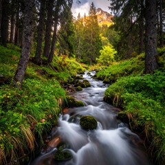 Obraz premium Tranquil Mountain Stream Flowing Through Forest.