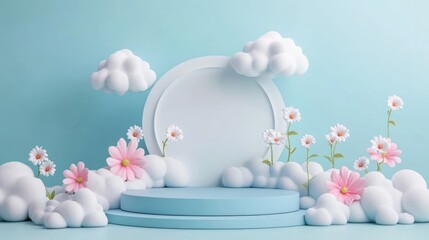 Light blue platform with flowers and clouds in sky, for a product display