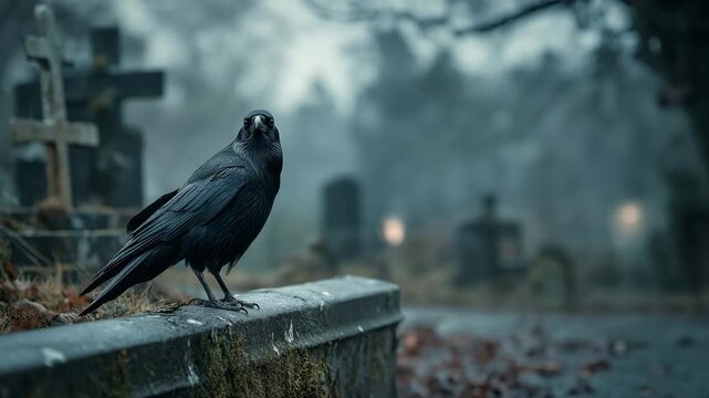 In a gloomy cemetery, a dark raven sits on an ancient gravestone.