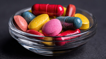 Assorted colorful pills and tablets in small glass bowl, healthcare theme