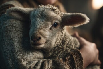 Fototapeta premium A gentle hand cradles a fluffy lamb