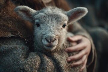Fototapeta premium A lamb cradled in a shepherd's arms
