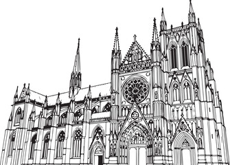 Detailed Black and White Line Art Illustration of a Majestic Gothic Cathedral
