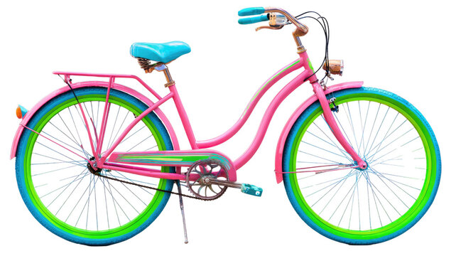 Cute pink bicycle isolated on white background with detailed frame, handlebars, and wheels, perfect for cycling and recreation