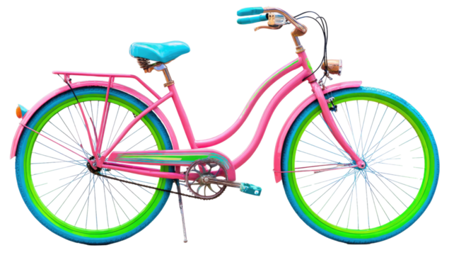 Cute pink bicycle isolated on white background with detailed frame, handlebars, and wheels, perfect for cycling and recreation