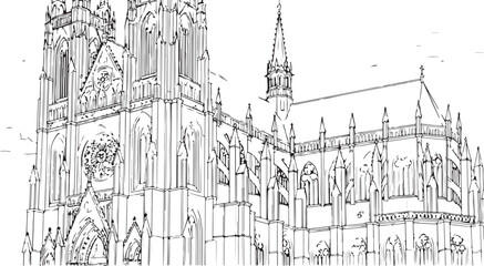 Black and White Sketch of a Grand Gothic Cathedral with Ornate Details and Towering Spires