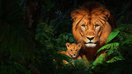 Majestic lion and its cub are nestled among lush green foliage in vibrant jungle setting, showcasing bond of love and protection
