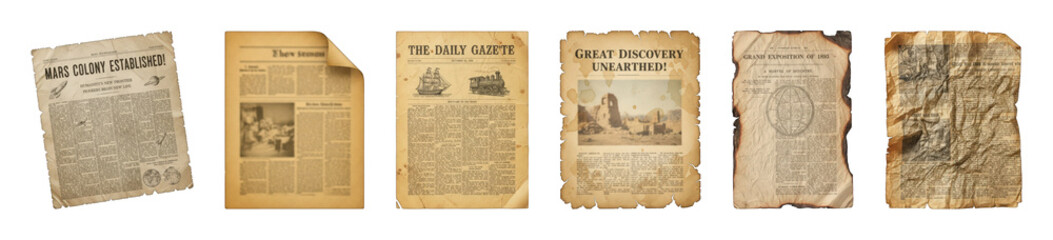 Aged paper document set including burnt, crumpled, stained, and torn styles isolated. Vintage news and historical themes collection.