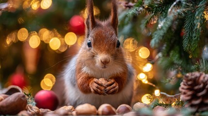 A red squirrel holds a nut surrounded by festive decorations. Soft bokeh lights create a warm atmosphere, enhancing the holiday spirit.