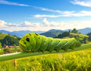 Green Caterpillar on Grassy Meadow with Mountains.