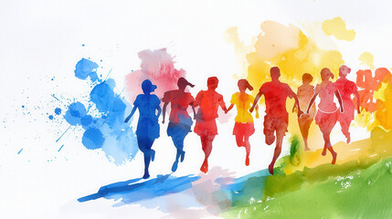 Colorful silhouettes of runners in vibrant watercolor style, showcasing energy and movement in lively atmosphere