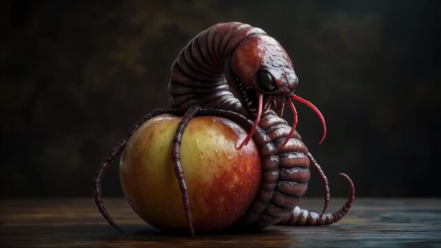 A bizarre creature resembling a mix of a serpent and an insect is coiled around a shiny apple. The dark background adds an eerie atmosphere to the scene, highlighting the odd interaction.