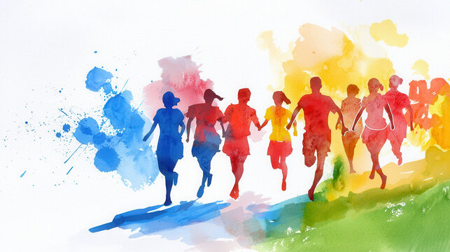 Colorful silhouettes of runners in vibrant watercolor style, showcasing energy and movement in lively atmosphere