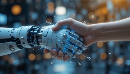 A human hand shaking hands with a robotic hand, symbolizing collaboration and technological advancement.