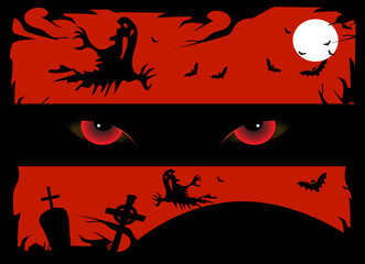 Halloween background with devils eyes with graveyard and ghost. Vector illustration 