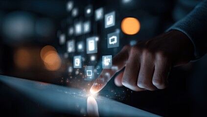 A hand interacts with a digital tablet displaying abstract application icons