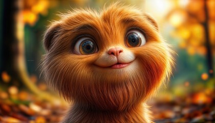 Obraz premium A cute animated character with fluffy orange fur and bright eyes smiles cheerfully in a vibrant forest filled with autumn leaves. Sunlight filters through the trees, enhancing the warm colors.